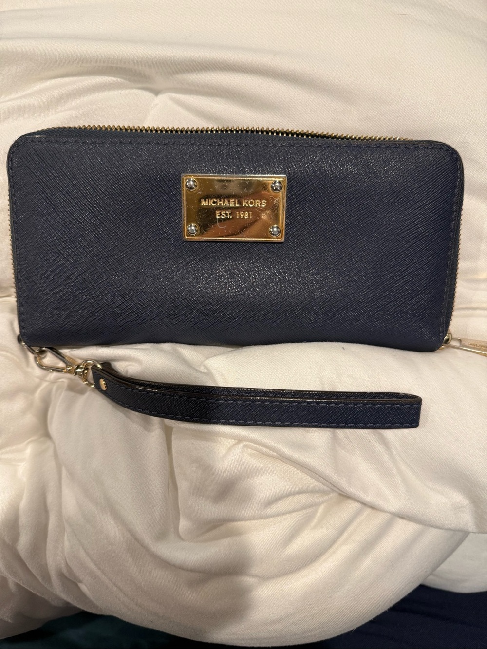 Michael Kors Navy Saffiano Zip-Around Wristlet Wallet with Gold Plate